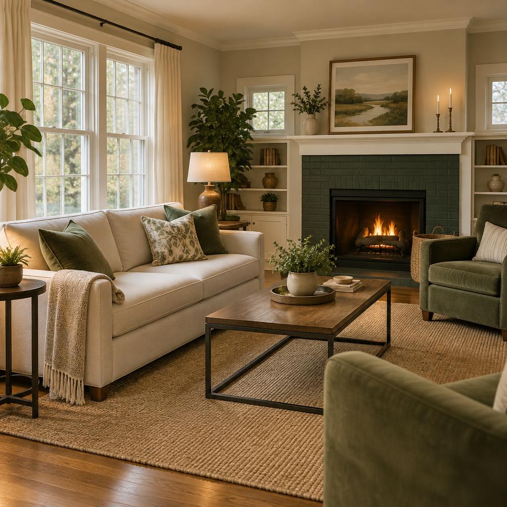 A warm, orderly shared living room with a fireplace