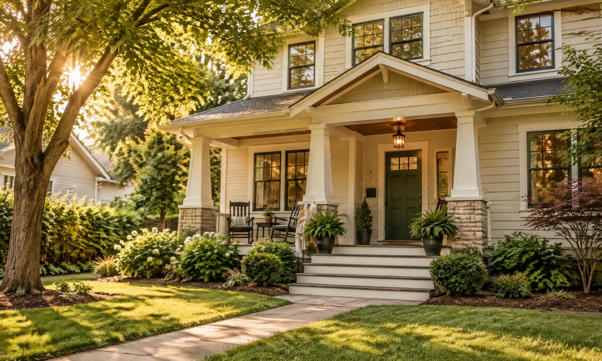 A welcoming shared home with a green front door and a tidy front porch