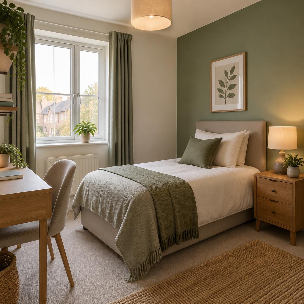 A clean, fully furnished bedroom with sage green accents